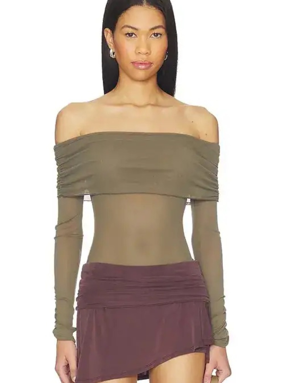 Off-Shoulder Olive Green Long Sleeve Bodysuit